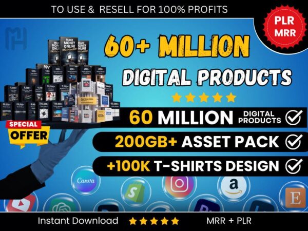 "60M+ Premium Digital Products with Full Resell Rights | PLR & MRR | Keep 100% Profits + Bonus: 100K T-Shirt Designs FREE"